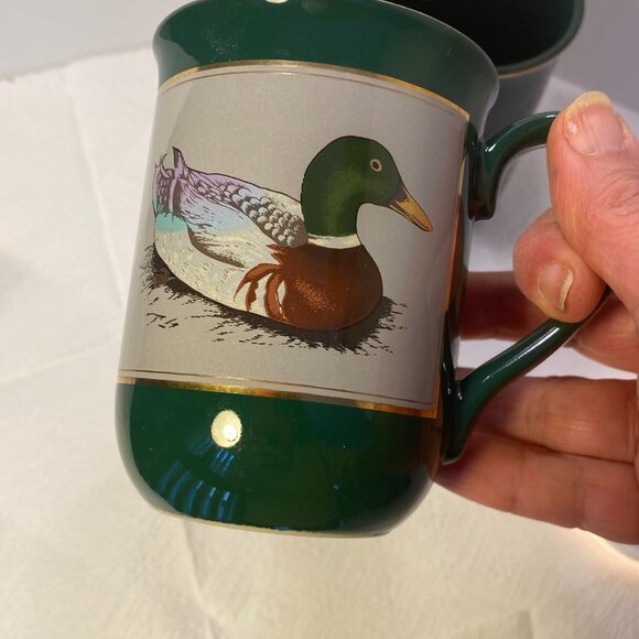 2 Porcelain Mallard Duck Coffee Mugs Otagiri Japan Forest Green and Gold - Picture 8 of 9